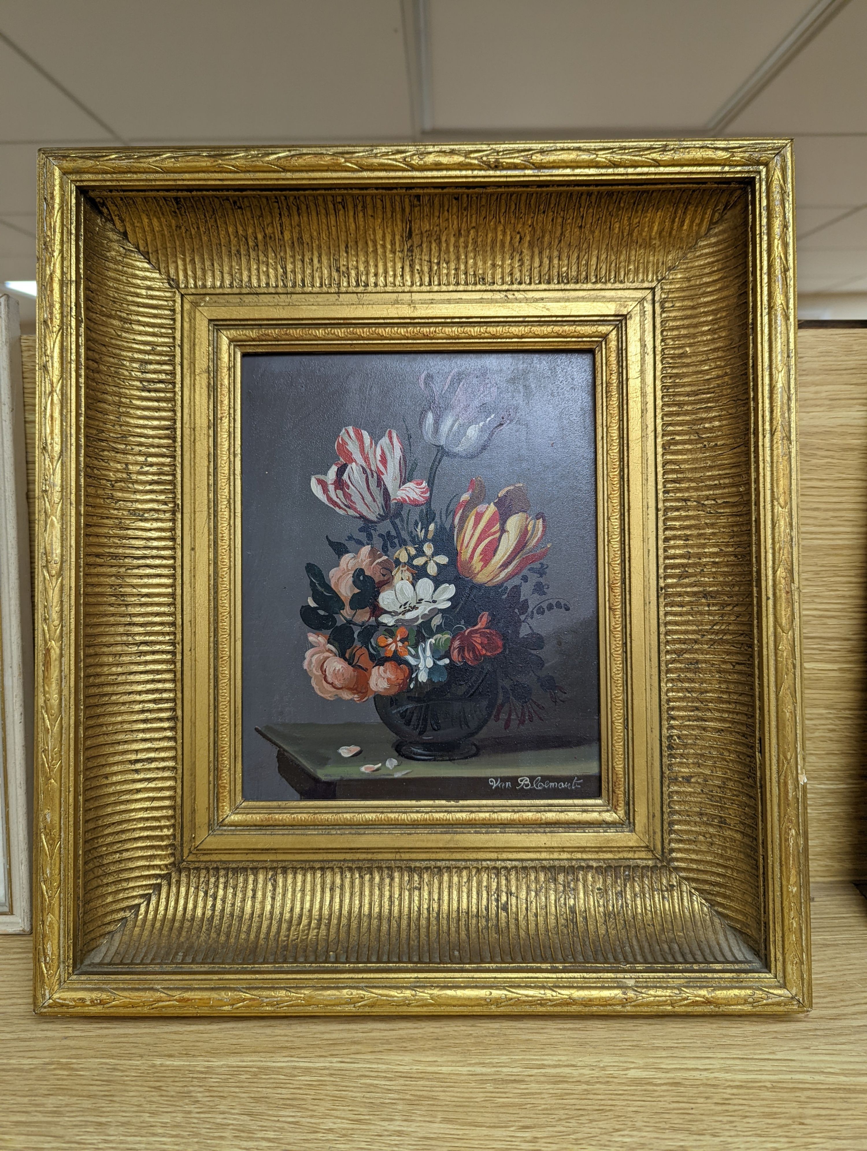 Van Bloemart, oil on board, Still life of flowers in a vase, signed, 24 x 19cm